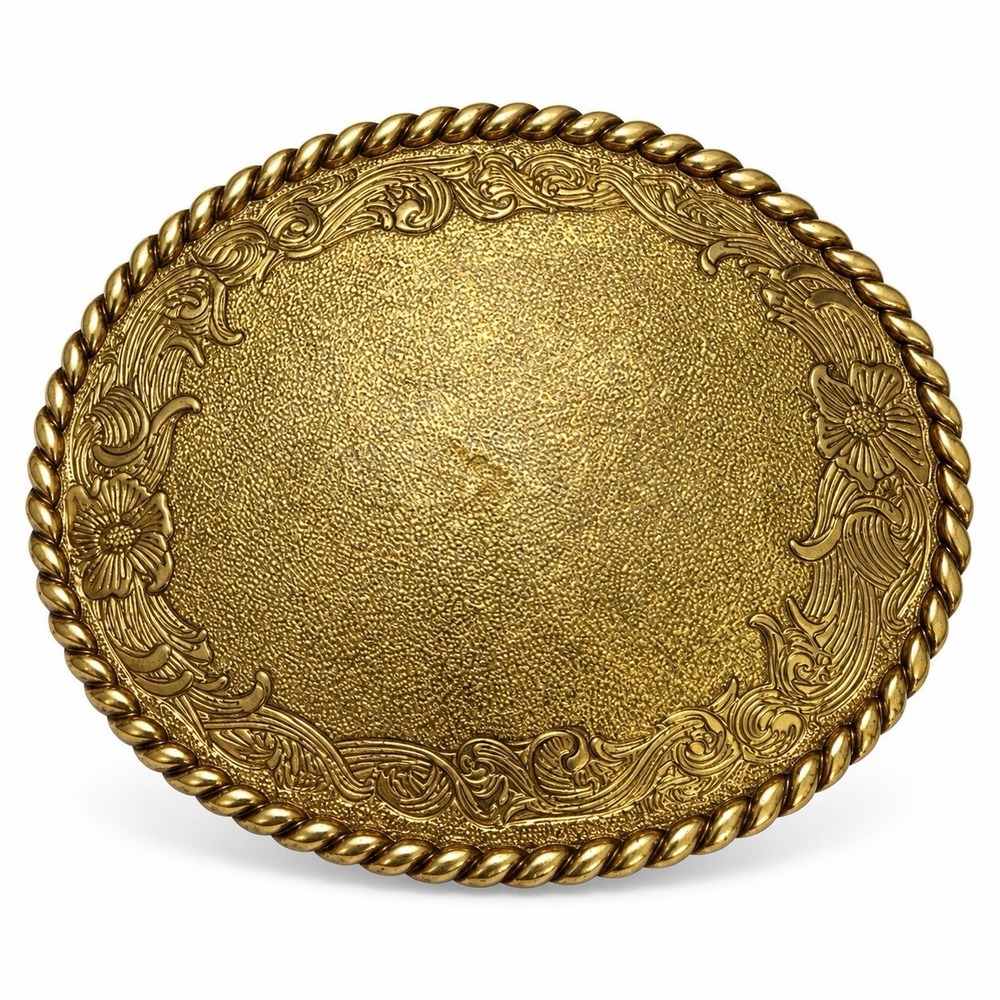 Vintage 1978 Raintree Gold Tone Western Belt Buckle Floral Scroll Rope Edge